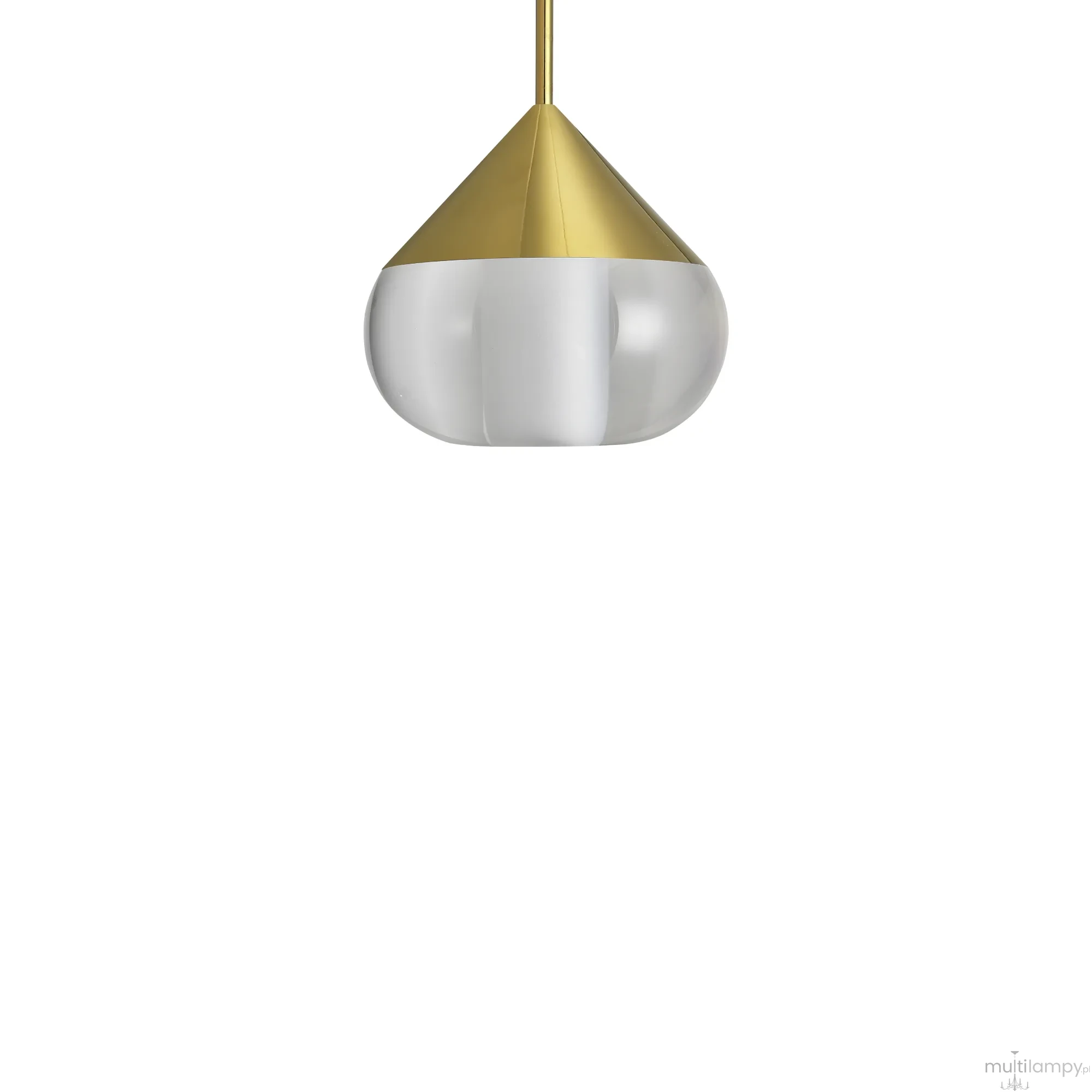 Złota lampa wisząca Suza IP44 z kloszem w kształcie stożka, wykonana z transparentnego materiału. Klosz ma gładką powierzchnię, wisi na cienkim przewodzie. Idealna do nowoczesnych wnętrz.