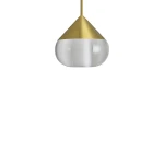 Złota lampa wisząca Suza IP44 z kloszem w kształcie stożka, wykonana z transparentnego materiału. Klosz ma gładką powierzchnię, wisi na cienkim przewodzie. Idealna do nowoczesnych wnętrz.