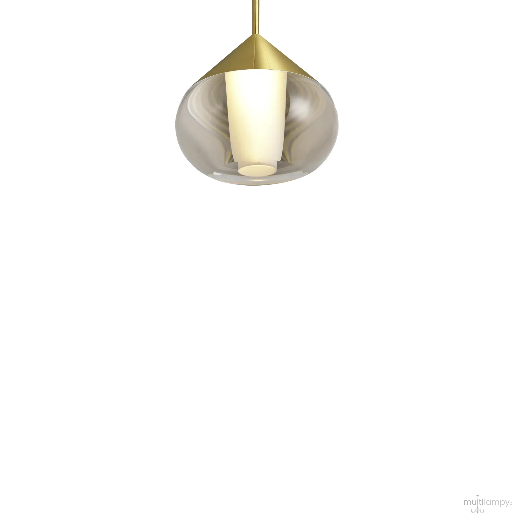 Lampa wisząca Suza IP44 z jednym źródłem LED 6W. Złota oprawa w kształcie stożka, z przezroczystym kloszem, emitującym miękkie światło. Produkt zawieszony na cienkim przewodzie, widok frontalny.