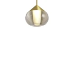 Lampa wisząca Suza IP44 z jednym źródłem LED 6W. Złota oprawa w kształcie stożka, z przezroczystym kloszem, emitującym miękkie światło. Produkt zawieszony na cienkim przewodzie, widok frontalny.