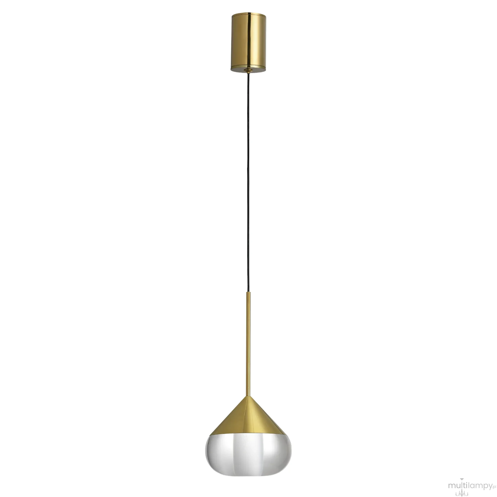Lampa wisząca Suza IP44 w kolorze złotym z jedną żarówką LED 6W. Posiada stożkowy klosz z przezroczystym dnem oraz metalowy uchwyt. Zawieszona na czarnym przewodzie, idealna do nowoczesnych wnętrz.