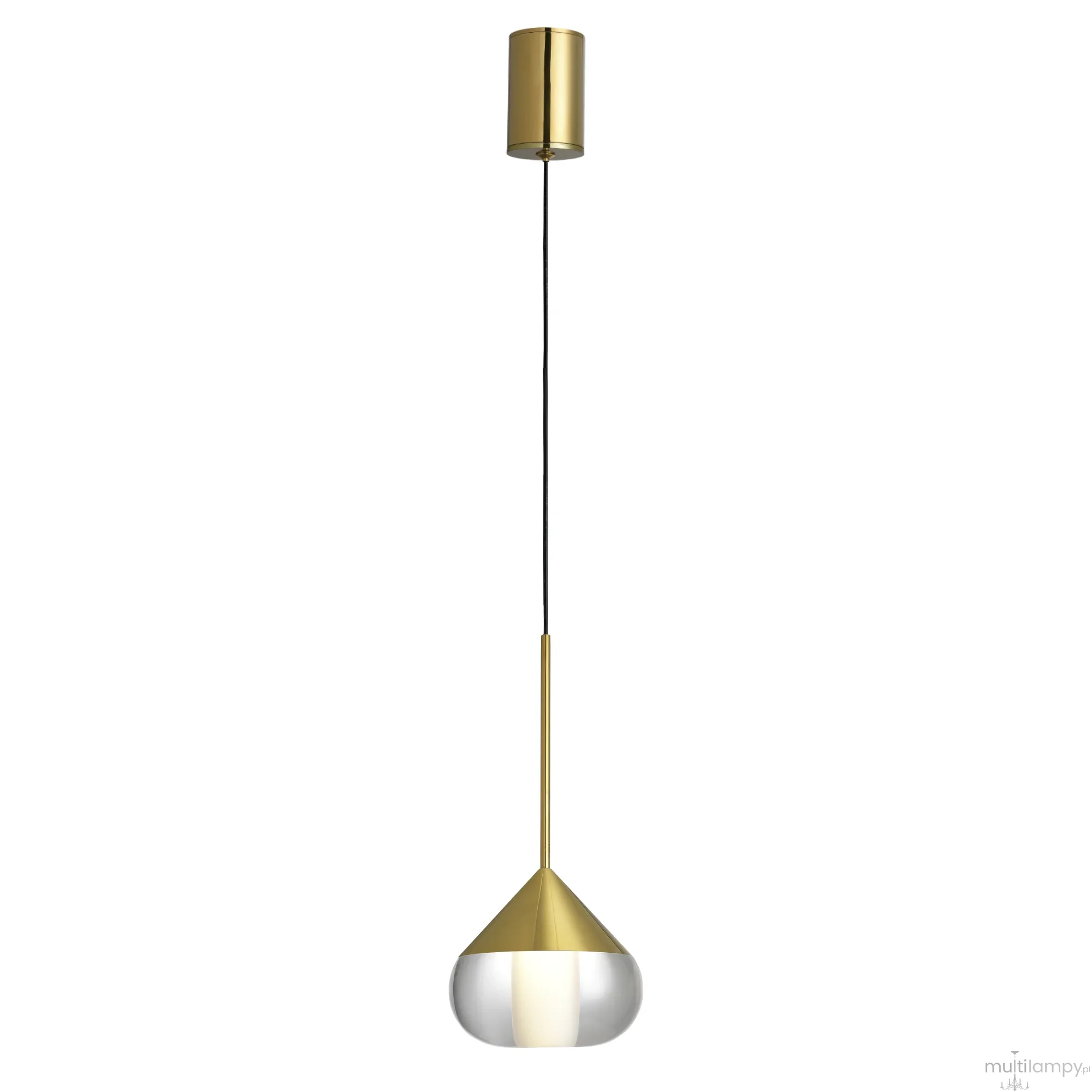 Złota lampa wisząca Suza IP44 z jednym źródłem LED 6W. Posiada stożkowy klosz z przezroczystego szkła i metalowy element montażowy. Wisi na czarnym przewodzie, w prostym, nowoczesnym stylu.
