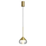 Złota lampa wisząca Suza IP44 z jednym źródłem LED 6W. Posiada stożkowy klosz z przezroczystego szkła i metalowy element montażowy. Wisi na czarnym przewodzie, w prostym, nowoczesnym stylu.