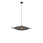Lampa wisząca Kumo w kolorze czarnym, o konstrukcji z plecionki w kształcie liścia. Zawieszona na cienkim kablu, wyposażona w gniazdo E27. Widoczna żarówka wewnątrz, minimalistyczny design na białym tle.