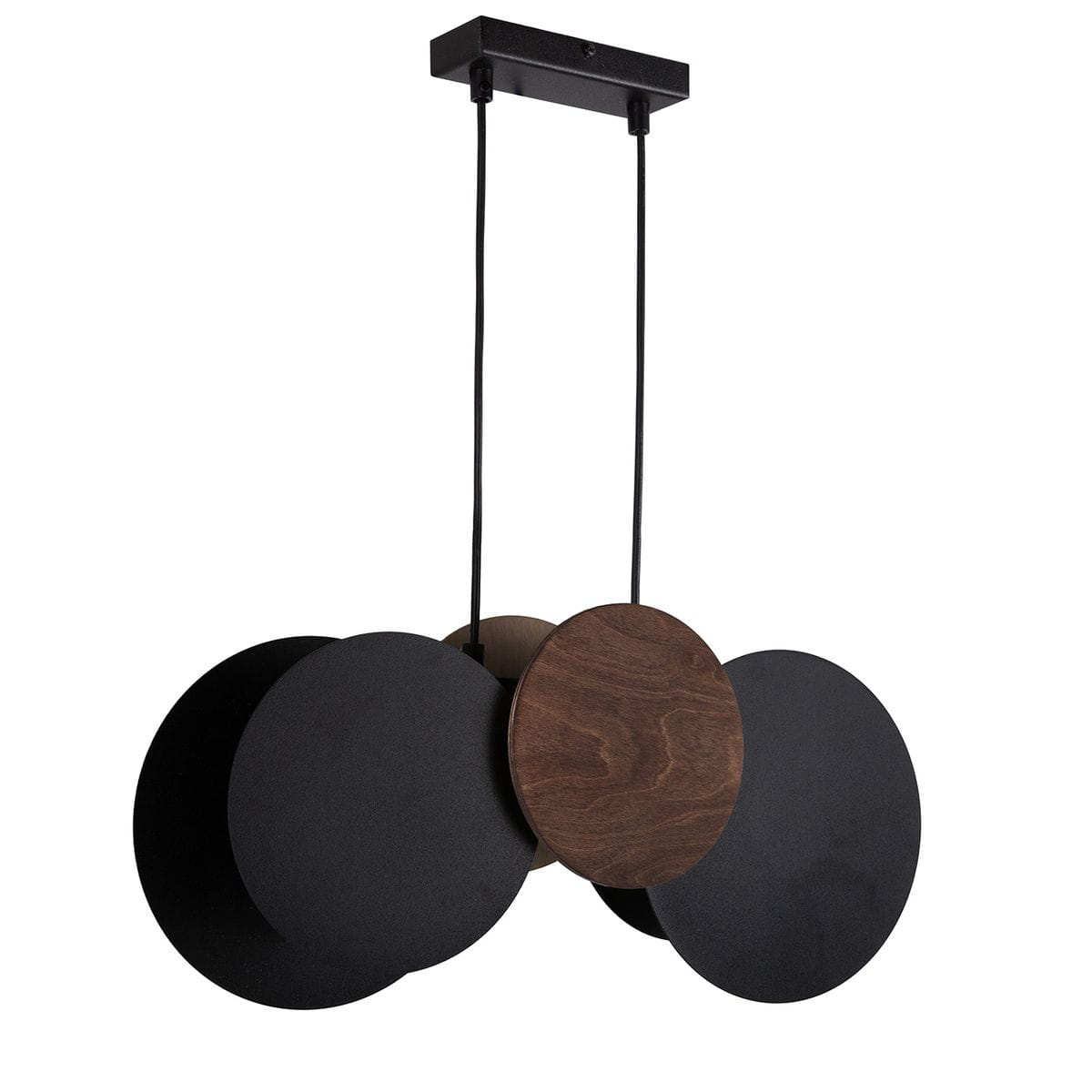 Lampa wisząca Tola z dwoma gniazdami E27, w kolorze czarnym i brązowym. Składa się z trzech okrągłych elementów: dwóch czarnych oraz jednego brązowego, zawieszonych na cienkich linkach. Montaż na suficie.