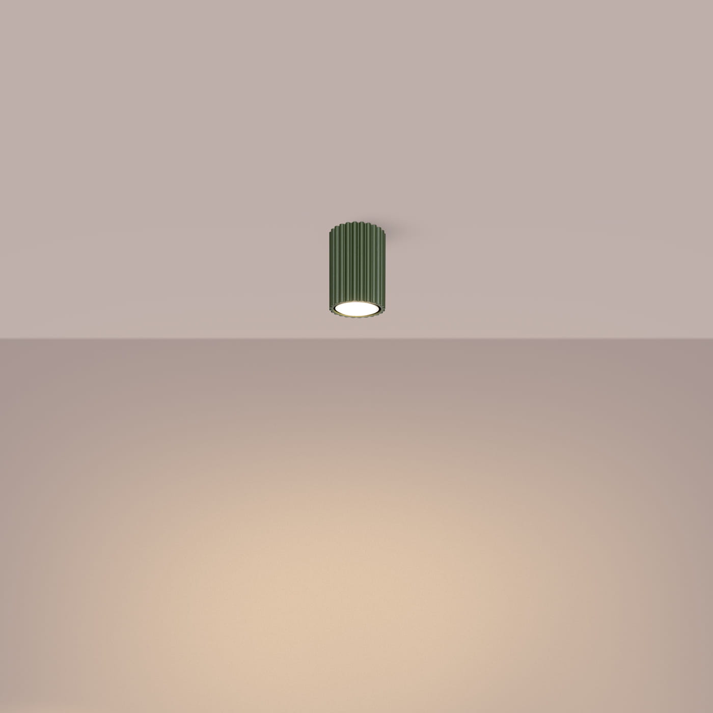 Lampa sufitowa Karbon 10 w kolorze oliwkowym, z cylindrycznym kształtem i teksturowaną powierzchnią. Ujęcie z dołu, montowana na suficie, z widocznym źródłem światła GU10. Tło w jasnym odcieniu.