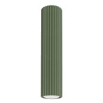 Lampa sufitowa Karbon 30 o cylindrycznym kształcie w kolorze oliwkowym, wykonana z materiału o teksturowanej powierzchni z rowkami. Umożliwia użycie żarówki typu GU10. Wisi pionowo, na białym tle.