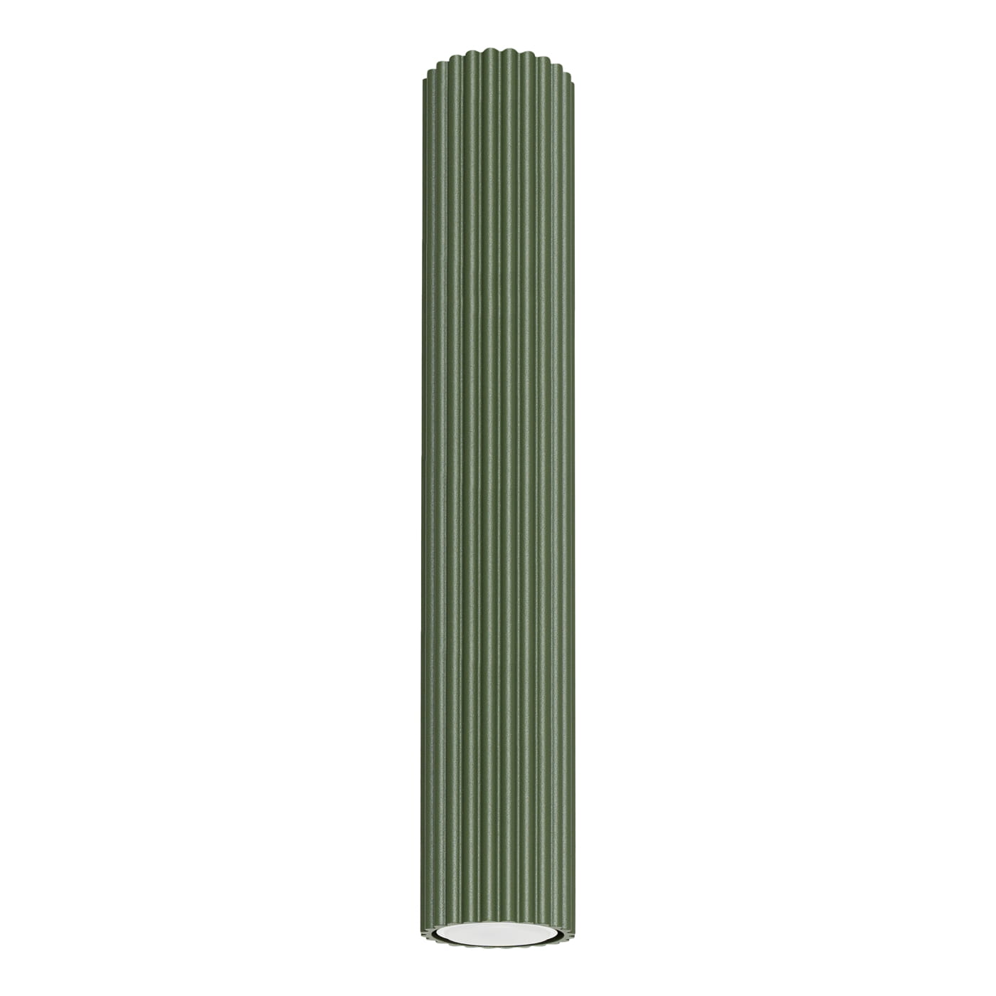 Lampa sufitowa Karbon 40 o oliwkowym kolorze, wykonana z materiału o teksturowanej, żłobkowanej powierzchni. Ma cylindryczny kształt i jest przeznaczona do jednej żarówki GU10. Ujęcie frontalne, na jednolitym tle.