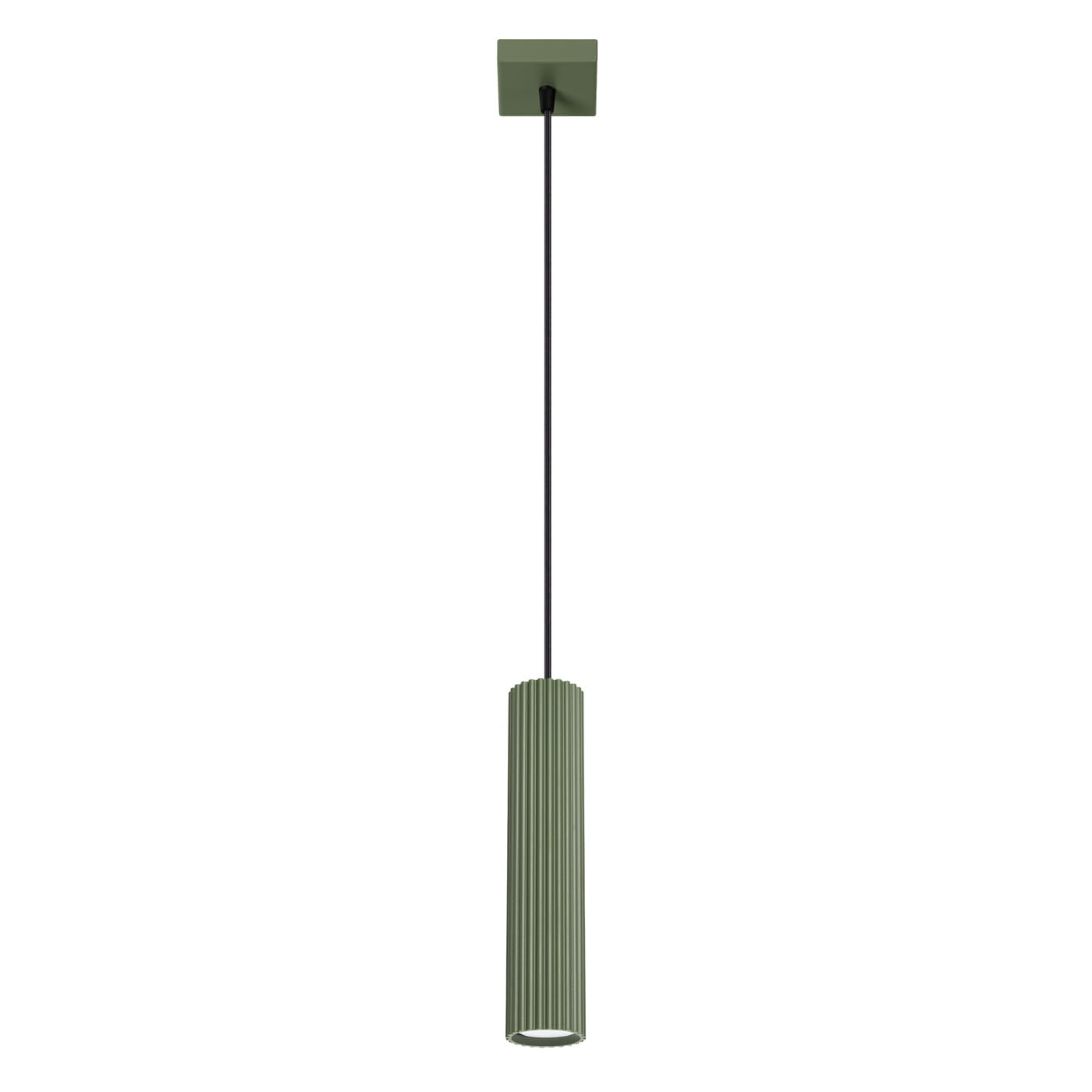 Lampa wisząca Karbon 1 z oprawą w oliwkowym kolorze, z cylindrycznym kloszem w pionowych żłobieniach. Zawieszona na czarnym przewodzie, montowana do sufitu, przeznaczona na żarówkę GU10. Prosta forma, nowoczesny design.