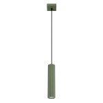 Lampa wisząca Karbon 1 z oprawą w oliwkowym kolorze, z cylindrycznym kloszem w pionowych żłobieniach. Zawieszona na czarnym przewodzie, montowana do sufitu, przeznaczona na żarówkę GU10. Prosta forma, nowoczesny design.