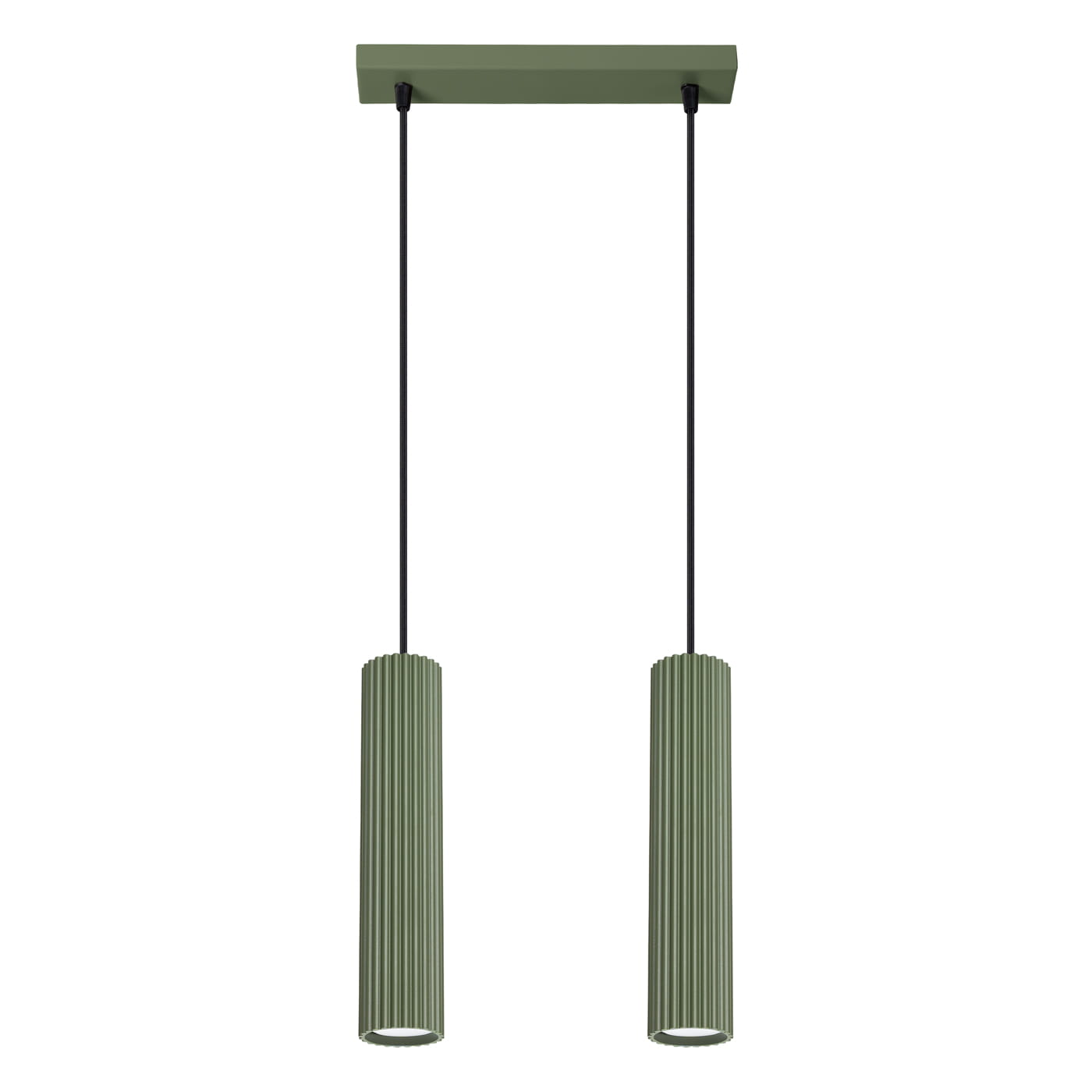 Lampa wisząca Karbon 2 z dwoma kloszami w kolorze oliwkowym, zawieszona na czarnych linkach. Klosze mają teksturowaną, żłobioną powierzchnię. Konstrukcja montażowa w kolorze oliwkowym. Idealna do nowoczesnych wnętrz.