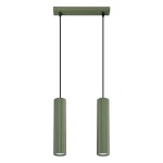 Lampa wisząca Karbon 2 z dwoma kloszami w kolorze oliwkowym, zawieszona na czarnych linkach. Klosze mają teksturowaną, żłobioną powierzchnię. Konstrukcja montażowa w kolorze oliwkowym. Idealna do nowoczesnych wnętrz.