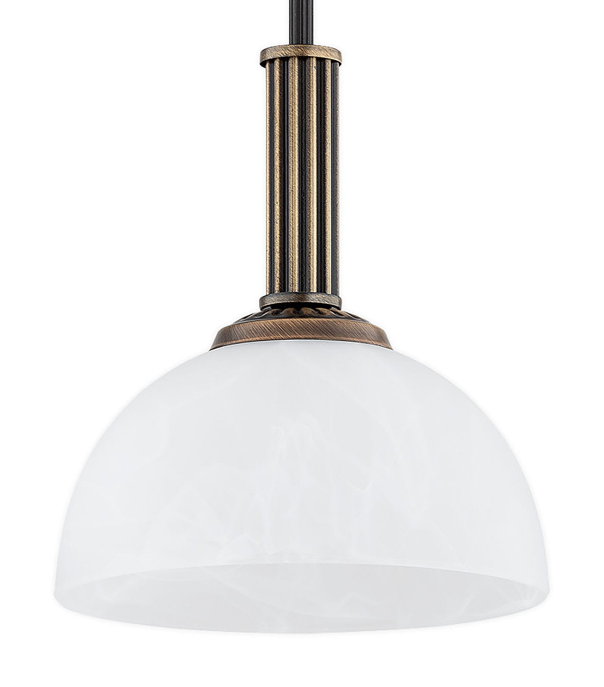 Lampa wisząca Delos D19 z oprawą w kolorze patyny, wyposażona w jednolitą, białą szklaną klosz w kształcie półkuli. Klosz zawieszony na zdobionym, metalowym uchwycie z pionowymi żłobieniami, w pozycji wiszącej.