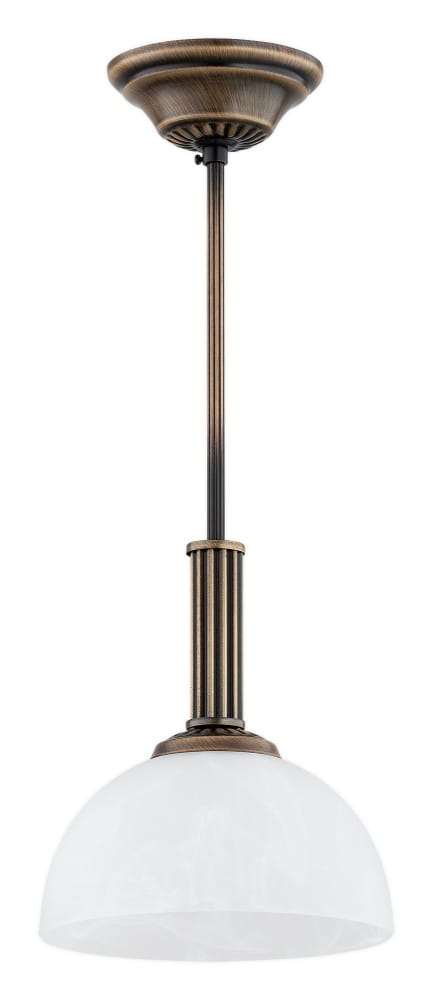 Lampa wisząca Delos D19 z kloszem w kształcie półkuli, wykonana w patynowym kolorze. Posiada metalowy uchwyt i górną osłonę w tym samym wykończeniu. Zawieszona na cienkiej rurze, przeznaczona na żarówkę E27.