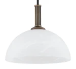 Lampa wisząca Delos D30 z kloszem w kształcie półkuli, wykonana z białego szkła z delikatnym wzorem. Metalowy uchwyt w kolorze patyny, zamontowana na cienkim przewodzie. Idealna do nowoczesnych wnętrz.
