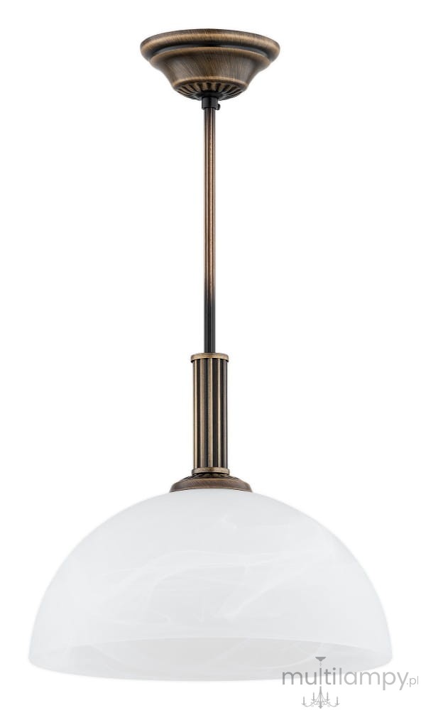 Lampa wisząca Delos D30 w kolorze patyny, z kloszem z białego szkła w kształcie półkuli. Uchwyt metalowy, z długim wysięgnikiem. Zawieszona z góry, idealna do aranżacji wnętrz. Zastosowanie żarówki E27.