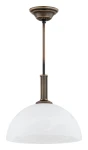 Lampa wisząca Delos D30 w kolorze patyny, z kloszem z białego szkła w kształcie półkuli. Uchwyt metalowy, z długim wysięgnikiem. Zawieszona z góry, idealna do aranżacji wnętrz. Zastosowanie żarówki E27.