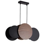 Lampa wisząca Tola z trzema oprawami E27, w kolorze czarnym i brązowym. Składa się z okrągłych elementów w różnych odcieniach, zawieszona na dwóch cienkich linkach. Metalowy sufitowy uchwyt w kolorze czarnym.