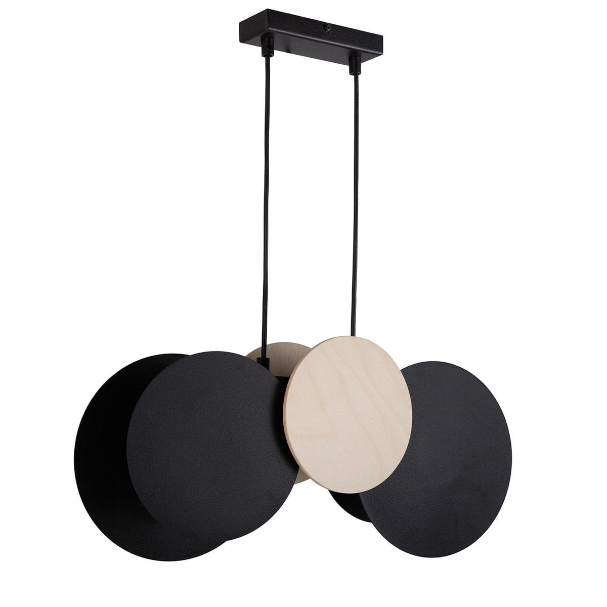 Lampa wisząca Tola z dwoma oprawami E27, z czarnymi okrągłymi elementami oraz jasnobrązowym akcentem z brzozy. Zamontowana na czarnej podstawie, zwisająca na dwóch linkach, prezentująca nowoczesny design.