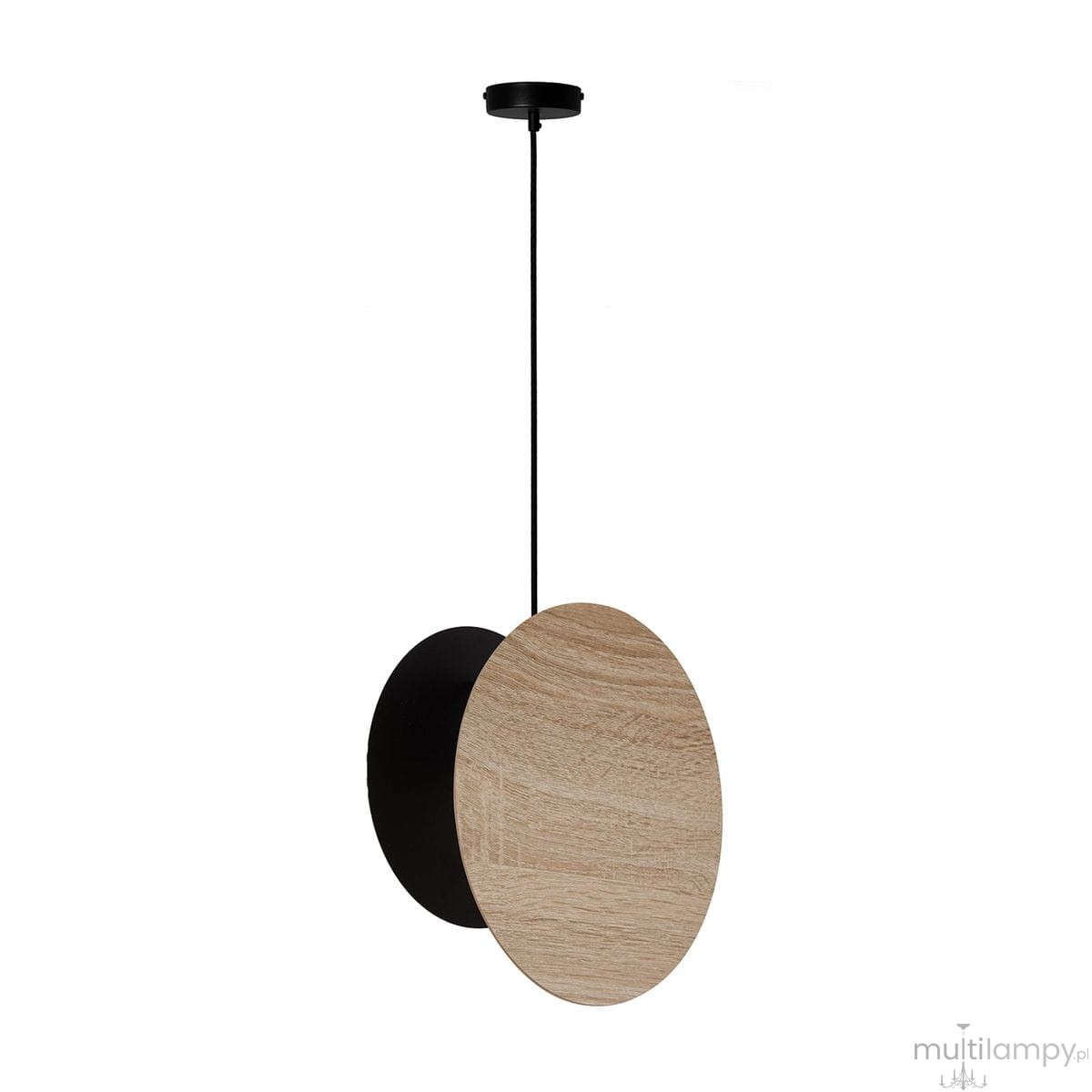 Lampa wisząca Tola z jedną oprawą E27, w kolorze czarnym i dębowym. Okrągła, matowa podstawa w czerni z dębową, naturalnie teksturowaną tarczą. Zawieszona na cienkim, czarnym przewodzie, wisząca z sufitu. Prosty, nowoczesny design.