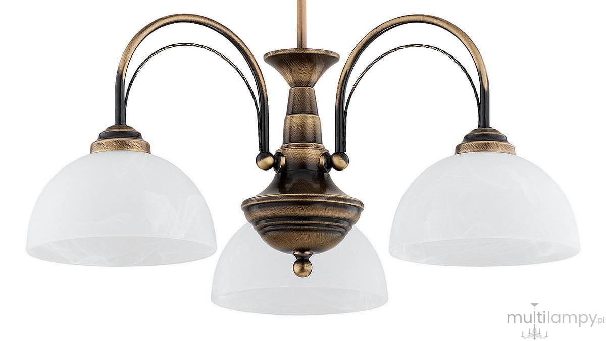 Żyrandol Opal 3xE27 w kolorze patyny z trzema kloszami w białym, półprzezroczystym szkle. Ujęcie frontalne, wiszący, z eleganckimi, zaokrąglonymi kloszami. Korpus z metalicznej patyny, ozdobne ramiona łączące klosze.