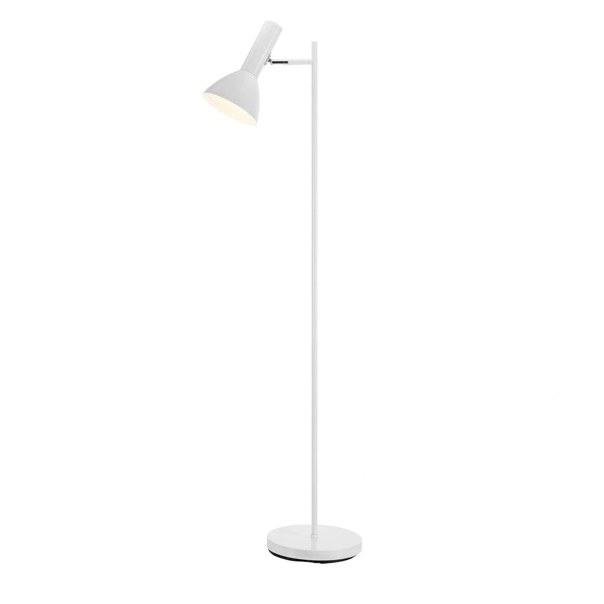 Biała lampa podłogowa Metro z jednym gniazdem E27, o prostym, eleganckim designie. Wyposażona w regulowaną głowicę, stojąca na okrągłej podstawie. Idealna do nowoczesnych wnętrz, zapewniająca atmosferę i funkcjonalne oświetlenie.