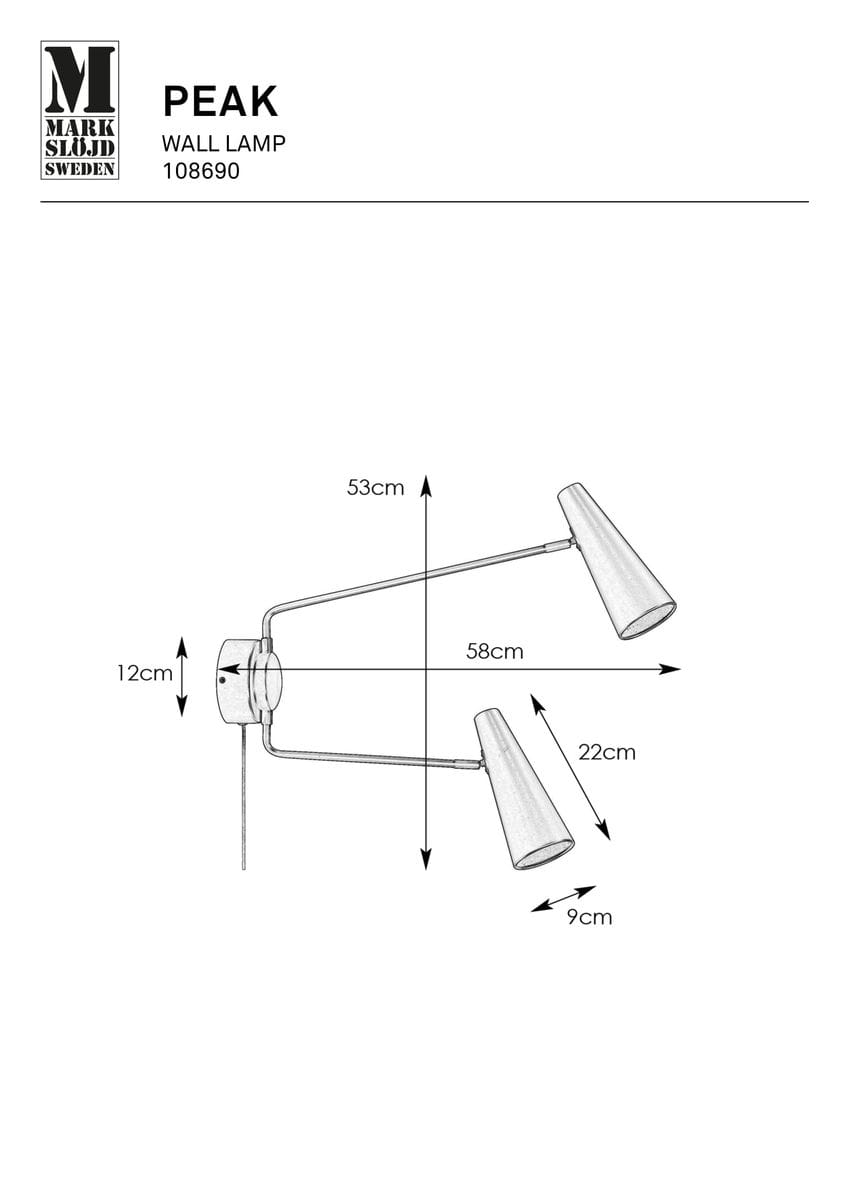 Kinkiet Peak 2xE14 w kolorze czarnym, o wymiarach 58 cm szerokości, 22 cm wysokości i 12 cm głębokości. Posiada dwa stożkowe klosze umieszczone na ruchomych ramionach, zamontowany na ścianie, z widocznym kablem zasilającym.