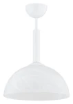 Lampa wisząca Klara z białym kloszem w kształcie półkuli, zawieszona na białym uchwycie. Klasyczny design z jedną oprawą E27, idealna do nowoczesnych wnętrz. Widok frontalny, na jednolitym tle.
