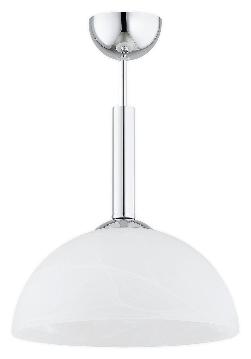 Lampa wisząca Klara z chromowanym wykończeniem i białym kloszem w kształcie półkuli. Produkt zawiera jedno gniazdo E27. Zawieszony na prostym, metalowym stelażu, z widoczną, błyszczącą podstawą. Tło zdjęcia jest jednolite, co podkreśla elegancję lampy.