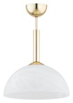 Lampa wisząca Klara z jedną oprawą E27, z metalowym, złotym stelażem i białym, półprzezroczystym kloszem w kształcie półkuli. Produkt zawieszony na prostym uchwycie, widoczny z przodu na białym tle.