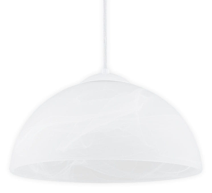 Lampa wisząca Klara 2, kolor biały, z kloszem w kształcie półkuli, wykonana z matowego materiału z delikatnym wzorem. Zawieszona na białym przewodzie, przeznaczona do żarówki E27. Frontalne ujęcie, wisząca, nowoczesna forma.