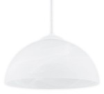 Lampa wisząca Klara 2, kolor biały, z kloszem w kształcie półkuli, wykonana z matowego materiału z delikatnym wzorem. Zawieszona na białym przewodzie, przeznaczona do żarówki E27. Frontalne ujęcie, wisząca, nowoczesna forma.