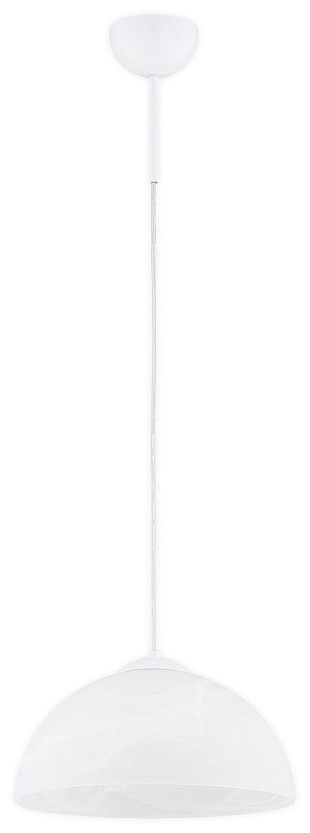 Lampa wisząca Klara 2 w kolorze białym, z kloszem o półkulistym kształcie. Klosz wykonany z materiału z delikatnym wzorem, zawieszony na cienkim, przezroczystym przewodzie. Mocowanie sufitowe w białym kolorze. Idealna do nowoczesnych wnętrz.