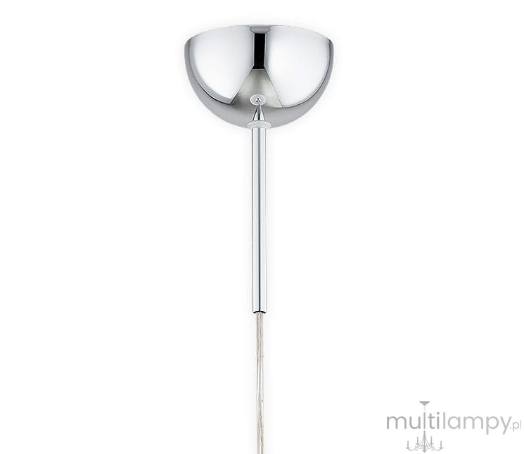 Lampa wisząca Klara 2, chromowana, z jednym gniazdem E27. Ma półkulisty klosz oraz prostą, metalową podstawę. Zawieszona na cienkim przewodzie, prezentuje nowoczesny design. Ujęcie frontalne, na jednolitym tle.