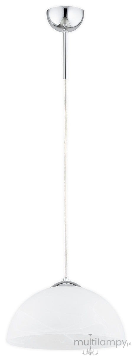 Lampa wisząca Klara 2 z chromowanym uchwytem, z białym kloszem w kształcie półkuli, zawieszona na cienkim, białym przewodzie. Produkt w pozycji wiszącej, widok frontalny, idealny do nowoczesnych wnętrz. Wymaga żarówki E27.