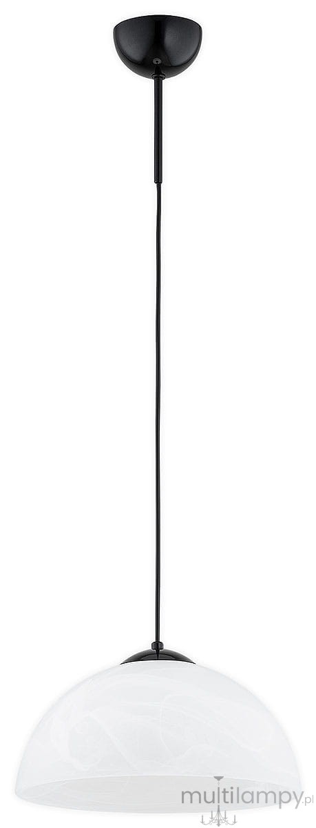 Lampa wisząca Klara 2 o czarnej oprawie z jednym gniazdem E27. Szklany klosz w kształcie półkuli w kolorze białym z delikatnym wzorem, zawieszony na długim, cienkim przewodzie. Ujęcie frontalne, montaż sufitowy.