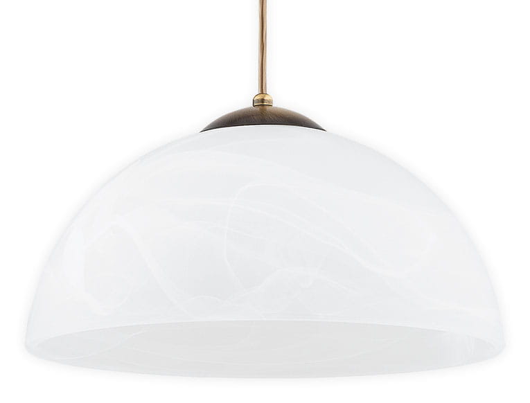 Lampa wisząca Klara 2 z oprawą w patynie, z kloszem w kształcie półkuli z białego szkła o delikatnym wzorze. Produkt zawiera jedno gniazdo E27, zawieszony na cienkim, złotym przewodzie. Idealna do nowoczesnych wnętrz.