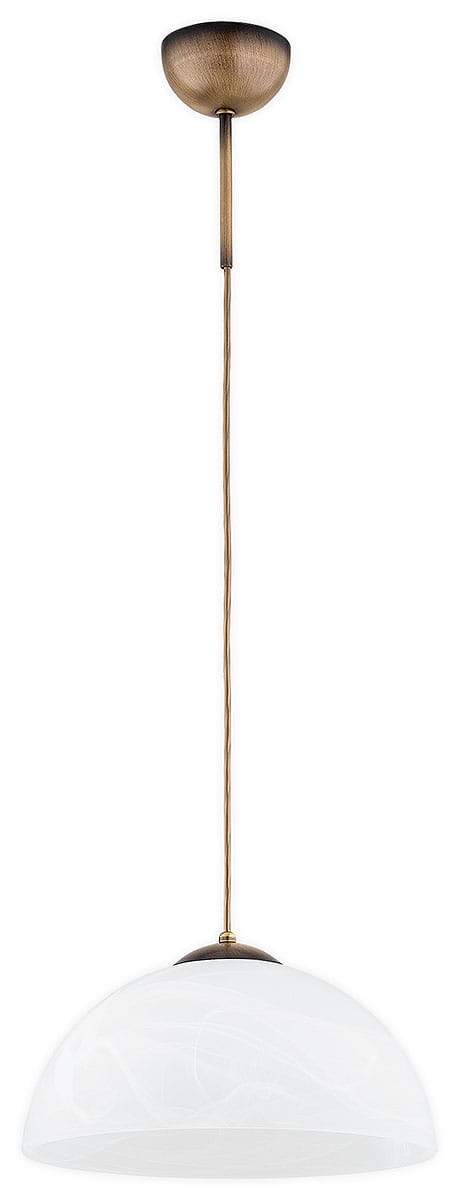 Lampa wisząca Klara 2, w kolorze patynowym, z jednym gniazdem E27. Klosz w kształcie półkuli wykonany z białego szkła, zawieszony na cienkim przewodzie. Ujęcie frontalne, z widocznym detalem montażowym przy suficie.