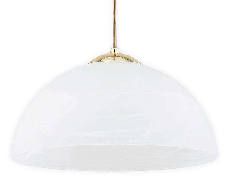 Lampa wisząca Klara 2 o złotym wykończeniu, z białym, półokrągłym kloszem. Ujęcie frontalne, wisząca, z metalowym mocowaniem. Wymiary klosza podkreślają elegancki design, idealna do nowoczesnych wnętrz.