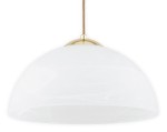 Lampa wisząca Klara 2 o złotym wykończeniu, z białym, półokrągłym kloszem. Ujęcie frontalne, wisząca, z metalowym mocowaniem. Wymiary klosza podkreślają elegancki design, idealna do nowoczesnych wnętrz.