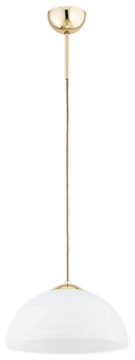 Lampa wisząca Klara 2 z pojedynczym gniazdem E27, o złotym wykończeniu. Klosz w kształcie półkuli wykonany z białego szkła, zawieszony na cienkim przewodzie. Ujęcie z przodu, pokazujące całość lampy w pozycji wiszącej.