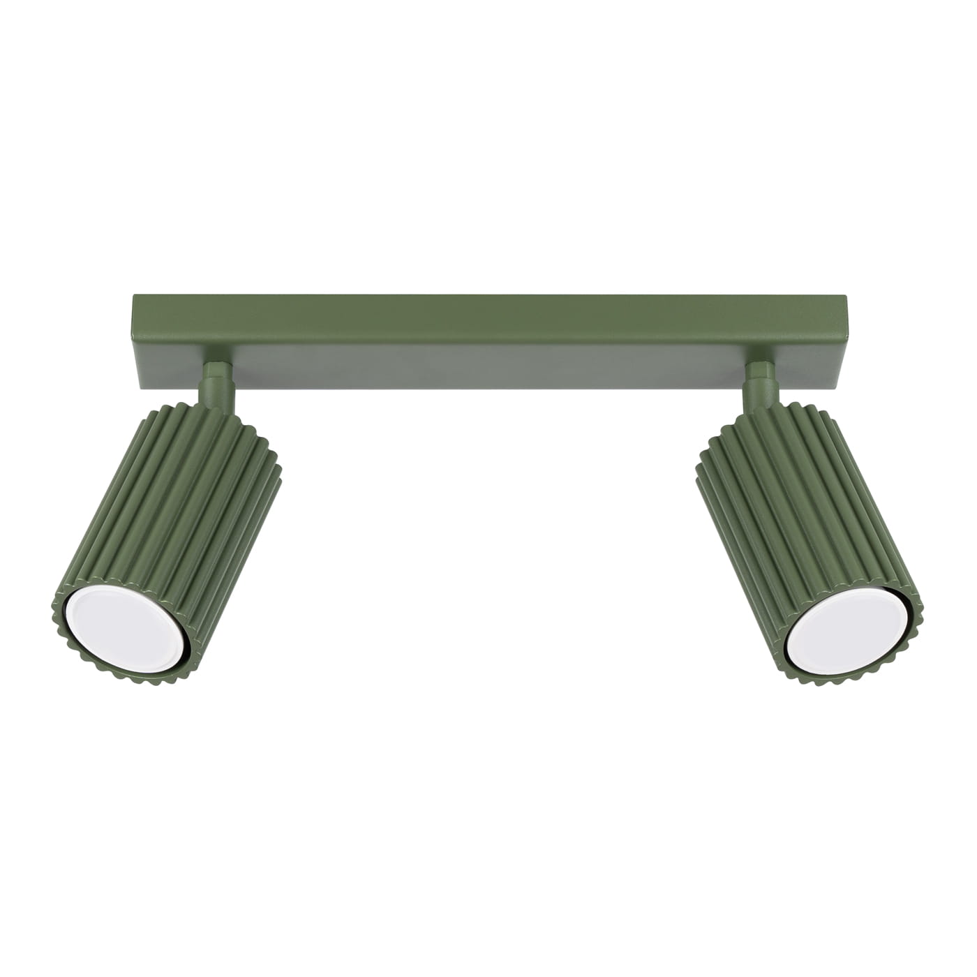 Lampa sufitowa Karbon w kolorze oliwkowym, z dwoma regulowanymi reflektorami typu GU10. Okrągłe, białe klosze umieszczone na cylindrycznych, żłobionych oprawach. Ułożona poziomo, na prostokątnej podstawie w tym samym kolorze.