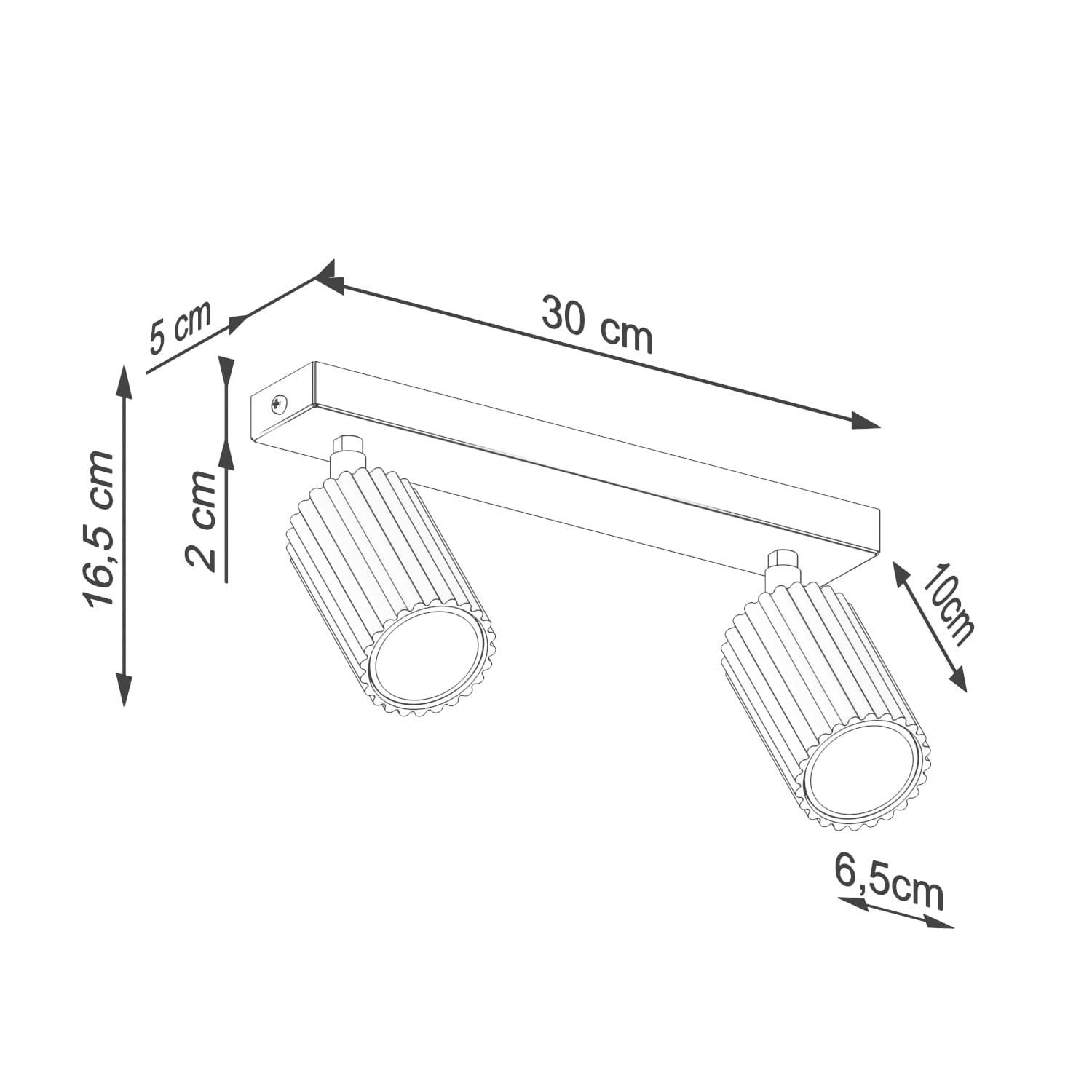 Lampa sufitowa Karbon, model SL.1618, z dwoma reflektorami GU10 w kolorze oliwkowym. Prosta konstrukcja z metalowym stelażem o wymiarach 30 cm x 10 cm, wysokość 16,5 cm. Reflektory mają teksturowaną powierzchnię i średnicę 6,5 cm.