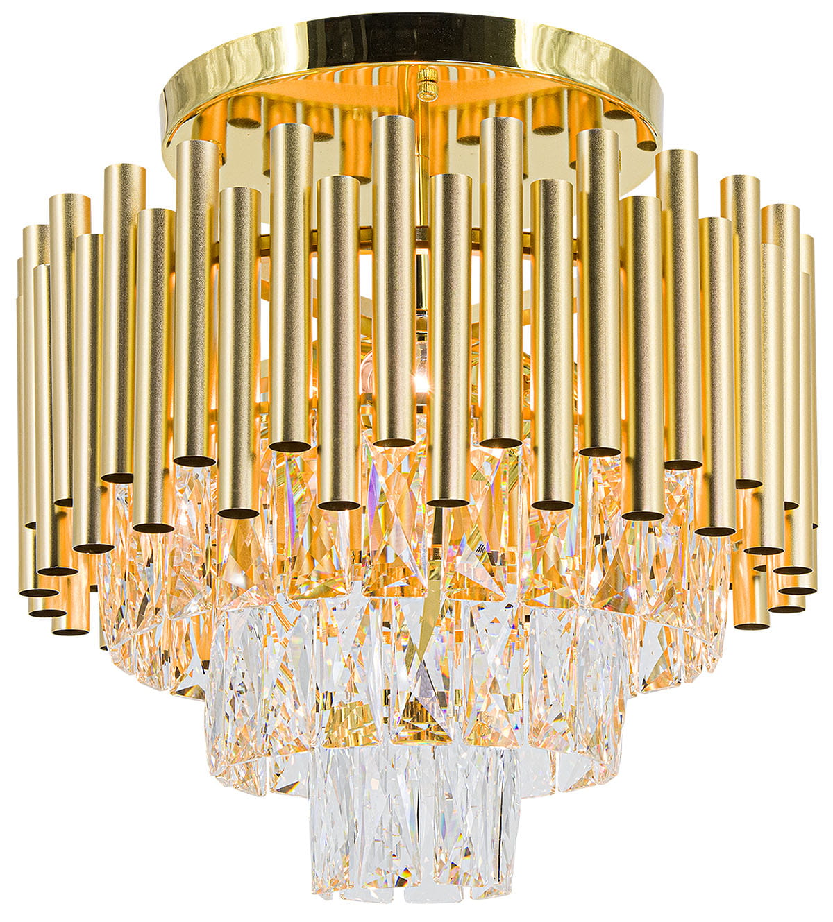 Lampa sufitowa Bari 4xE27 w złotym kolorze, z metalowymi rurkami i kryształowymi elementami u dołu. Stojąca, z okrągłą podstawą, prezentuje elegancki design, idealna do nowoczesnych wnętrz.