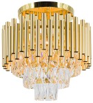 Lampa sufitowa Bari 4xE27 w złotym kolorze, z metalowymi rurkami i kryształowymi elementami u dołu. Stojąca, z okrągłą podstawą, prezentuje elegancki design, idealna do nowoczesnych wnętrz.