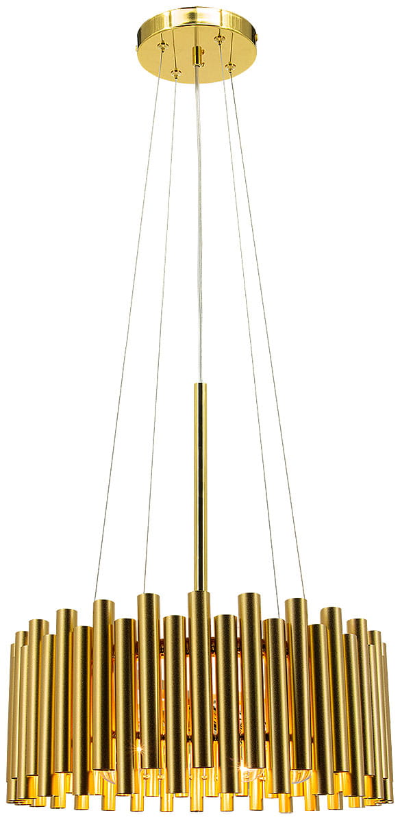 Lampa wisząca Narni 4xE27 w kolorze złotym, zbudowana z cylindrycznych elementów. Ujęcie frontalne, zawieszona na cienkich linkach, z centralnym mocowaniem. Oświetlenie z 4 żarówkami, dekoracyjny wzór. Tło proste, białe.