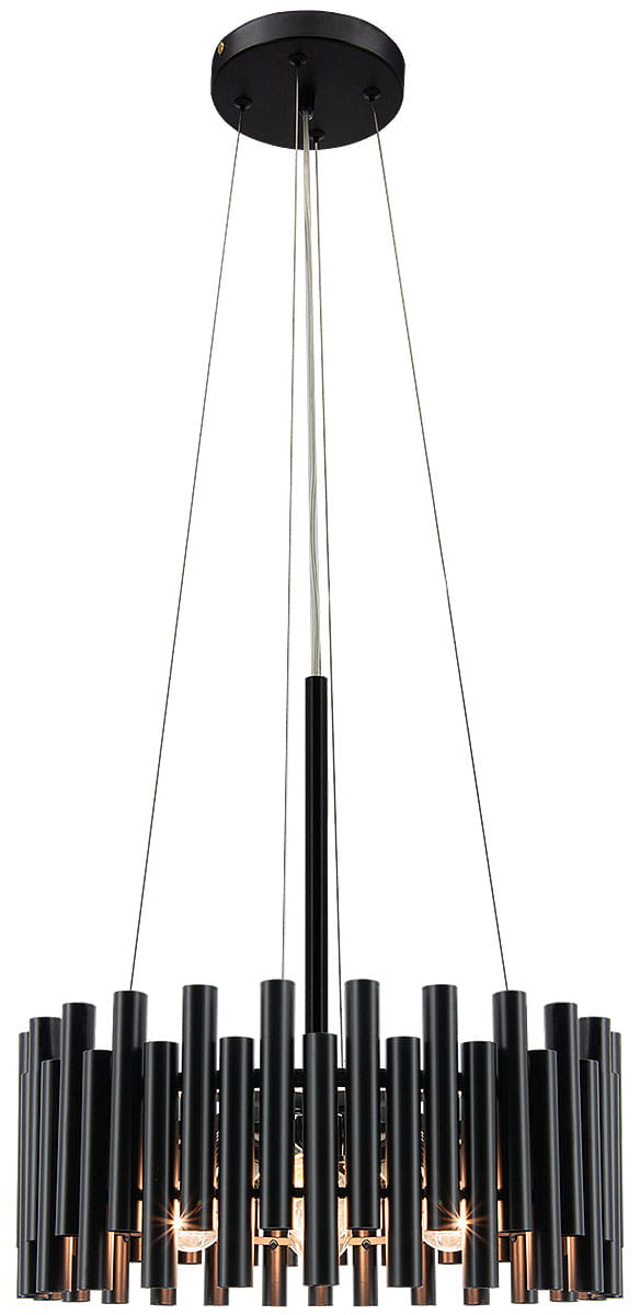 Czarna lampa wisząca Narni z 4 oprawami E27, o cylindrycznej strukturze z metalowymi elementami, zawieszona na cienkich linkach. Widok z dołu, ukazujący jej nowoczesny design oraz szczegóły konstrukcyjne.