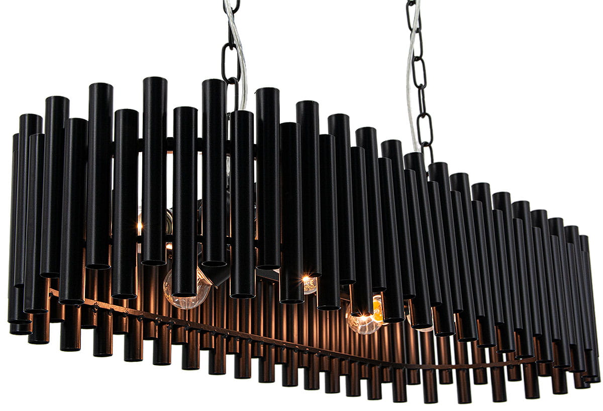 Lampa wisząca Narni w kolorze czarnym, z 8 miejscami na żarówki E27. Posiada unikalną konstrukcję z pionowych, cylindrycznych elementów. Zawieszona na metalowym łańcuchu, idealna do nowoczesnych wnętrz.