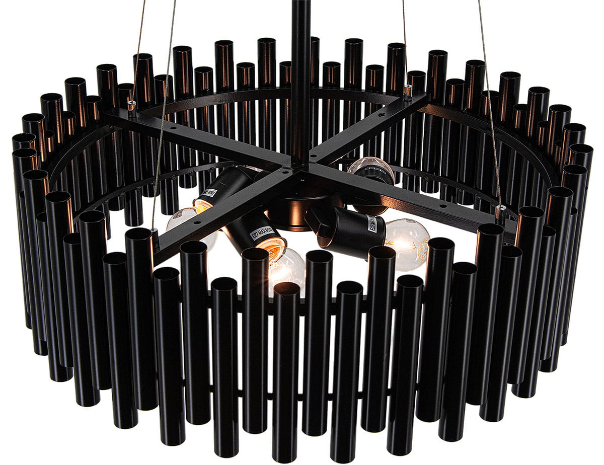 Lampa wisząca Narni 5xE27 w kolorze czarnym, o okrągłym kształcie, z cylindrycznymi elementami wzdłuż krawędzi. Ujęcie z góry, pokazujące 5 żarówek i konstrukcję nośną. Metaliczna faktura, minimalistyczny design, idealna do nowoczesnych wnętrz.