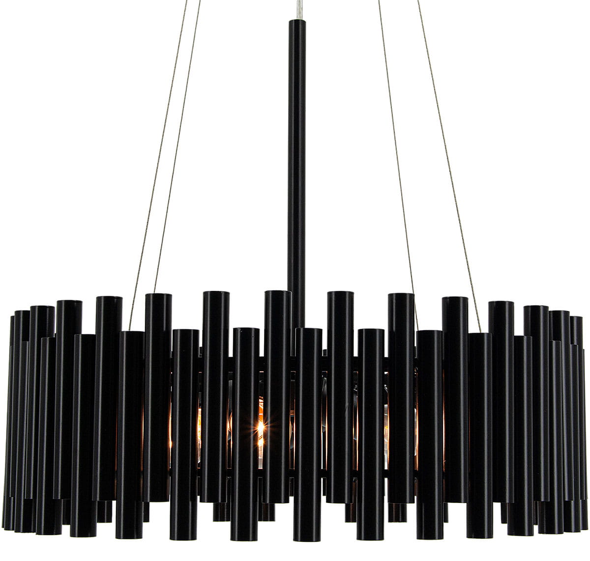 Lampa wisząca Narni 5xE27 w kolorze czarnym, zbudowana z pionowych, cylindrycznych elementów. Ujęcie z boku, pokazujące detale konstrukcji oraz źródła światła. Lekko przezroczysta struktura z metalowym wykończeniem. Wysoka jakość wykonania.